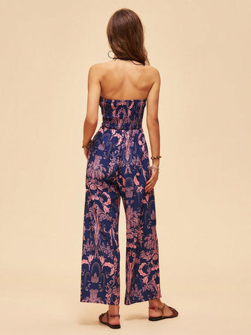 Holiday Full Printed Hollow Out Wide-Leg Strapless Jumpsuit
