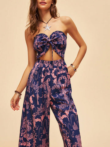 Holiday Full Printed Hollow Out Wide-Leg Strapless Jumpsuit
