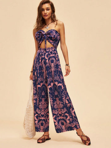 Holiday Full Printed Hollow Out Wide-Leg Strapless Jumpsuit