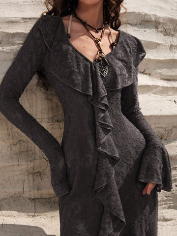 Ladies' Fashionable Solid Color Ruffle Hem Long Sleeve Dress