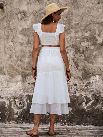 Ladies' Plain Color Ruffle Detail Decorated Casual Two Piece Set