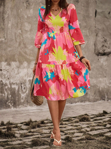 BohoFeels Ladies' Plant Printed V-Neck Dress