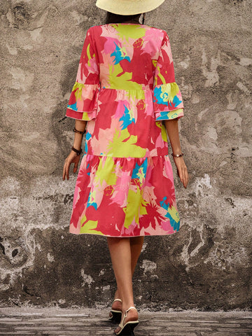 BohoFeels Ladies' Plant Printed V-Neck Dress