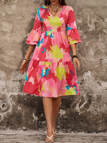 BohoFeels Ladies' Plant Printed V-Neck Dress