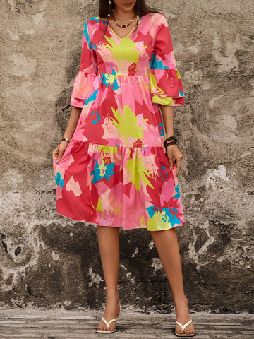 BohoFeels Ladies' Plant Printed V-Neck Dress