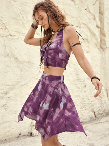 Resort Women'S Front Knotted Tie-Dye Halterneck Top And Skirt Two-Piece Set