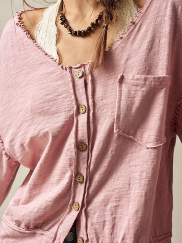 BohoFeels Solid Color Frayed V-Neck Loose Casual Shirt With Pockets For Women