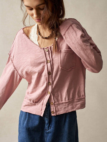 BohoFeels Solid Color Frayed V-Neck Loose Casual Shirt With Pockets For Women