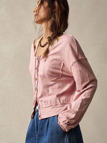 BohoFeels Solid Color Frayed V-Neck Loose Casual Shirt With Pockets For Women