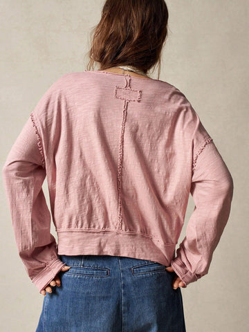 BohoFeels Solid Color Frayed V-Neck Loose Casual Shirt With Pockets For Women