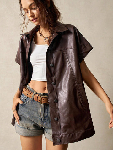 BohoFeels Solid Color PU Collar Oversized Long Sleeve Shirt Dress For Women