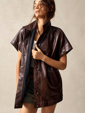 BohoFeels Solid Color PU Collar Oversized Long Sleeve Shirt Dress For Women