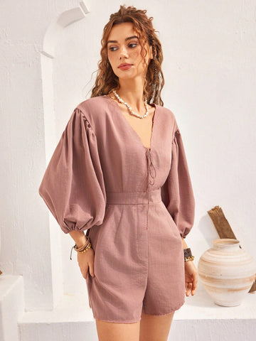 Solid Color V-Neck Lantern Sleeve Jumpsuit For Women's Vacation