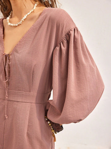 Solid Color V-Neck Lantern Sleeve Jumpsuit For Women's Vacation