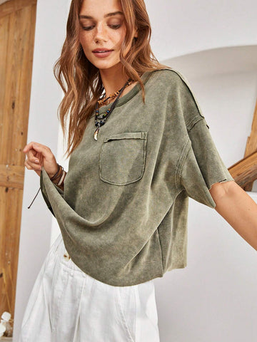 BohoFeels Summer Stitching Detail Drop Shoulder T-Shirt
