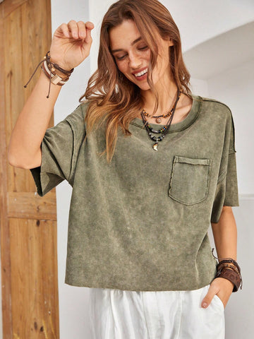 BohoFeels Summer Stitching Detail Drop Shoulder T-Shirt