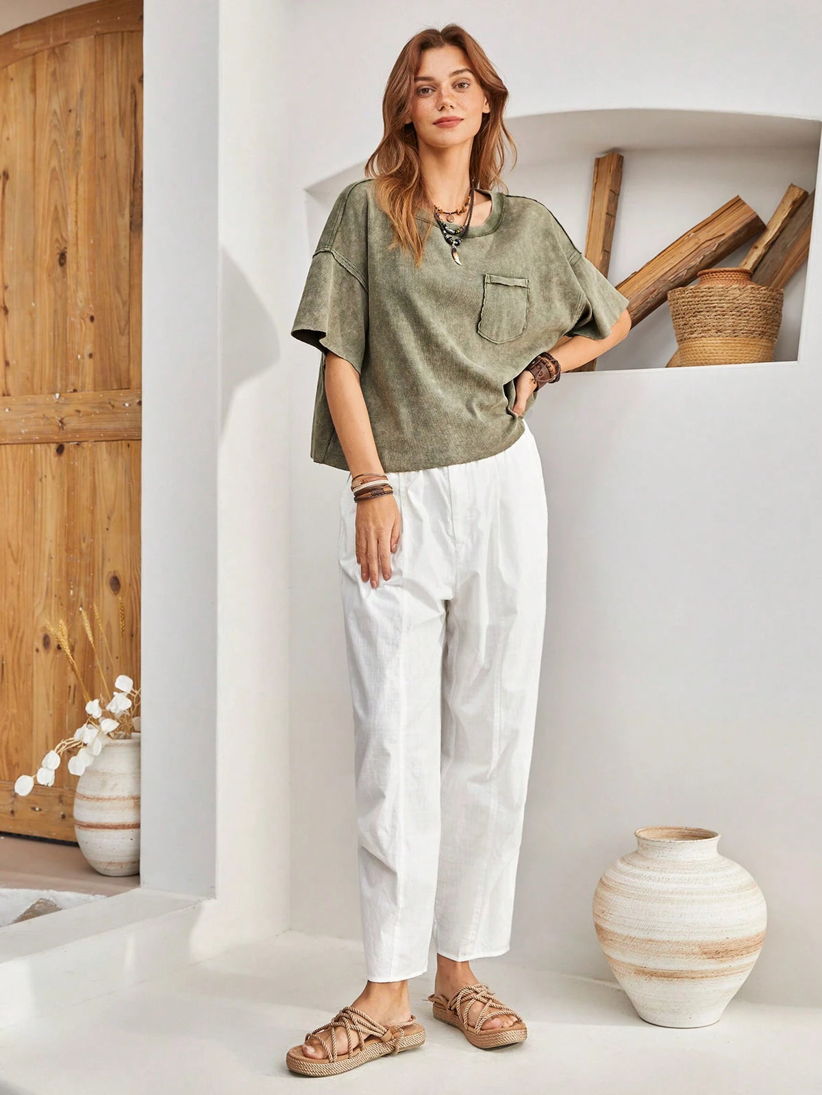 BohoFeels Summer Stitching Detail Drop Shoulder T-Shirt