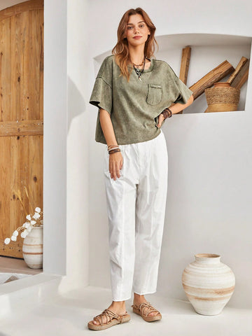 BohoFeels Summer Stitching Detail Drop Shoulder T-Shirt