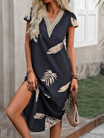 BohoFeels Tropical Plant Printed Short Sleeve Dress