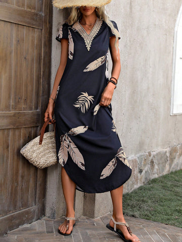 BohoFeels Tropical Plant Printed Short Sleeve Dress