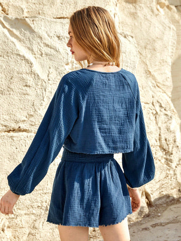 Vacation Breathable Women'S Front Tie Raglan Sleeve Top And Shorts Two-Piece Set