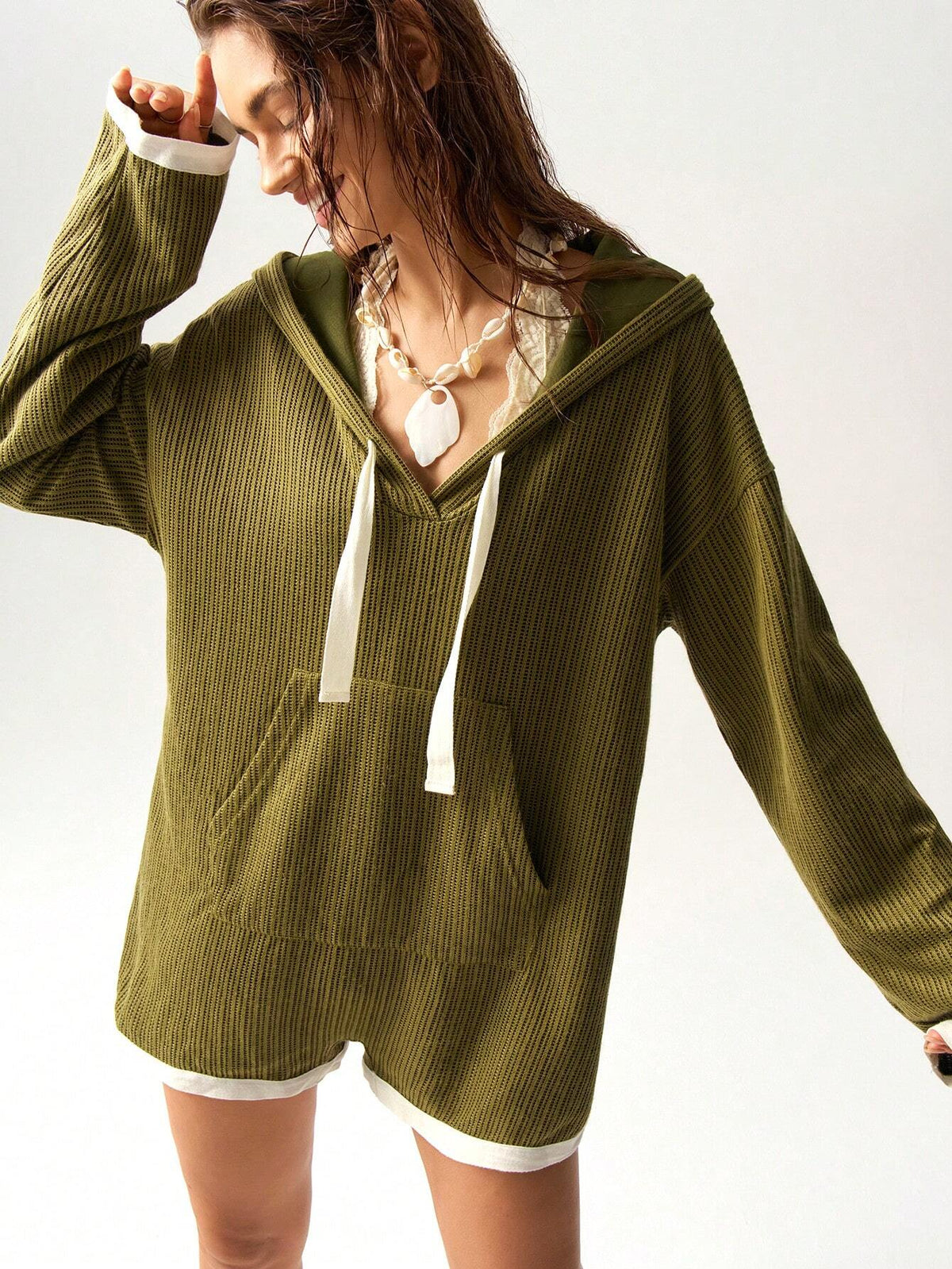 Vacation Casual Solid Color Knit Hooded Loose Long Sleeve Jumpsuit For Women