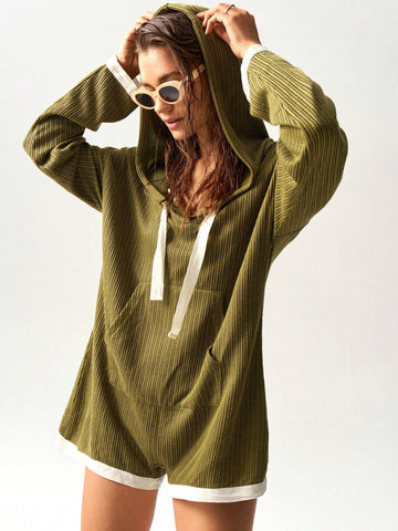 Vacation Casual Solid Color Knit Hooded Loose Long Sleeve Jumpsuit For Women