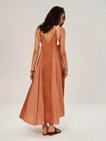 Vacation Color Block Spaghetti Strap Swing Dress