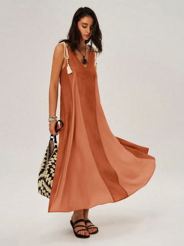 Vacation Color Block Spaghetti Strap Swing Dress