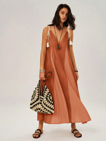 Vacation Color Block Spaghetti Strap Swing Dress