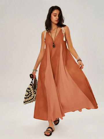 Vacation Color Block Spaghetti Strap Swing Dress