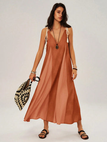 Vacation Color Block Spaghetti Strap Swing Dress