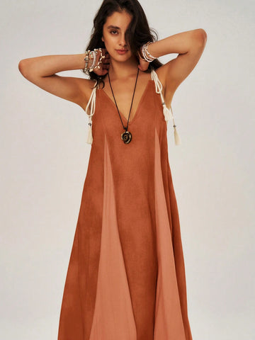 Vacation Color Block Spaghetti Strap Swing Dress