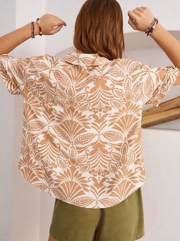 ohoFeels Vacation Floral Print Turn-Down Collar Loose Fit Women Shirt With Dropped Shoulder