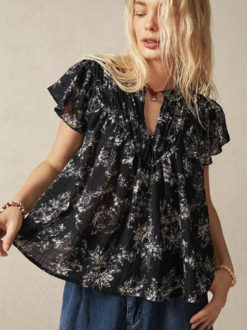 BohoFeels Vacation Floral Printed Women's Shirt In Black And White