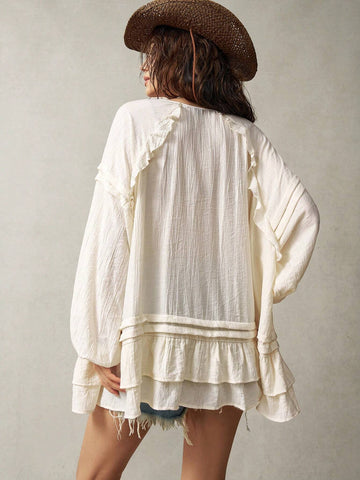 BohoFeels Vacation Loose Long Sleeve Shirt For Women, Featuring Flounce Trim