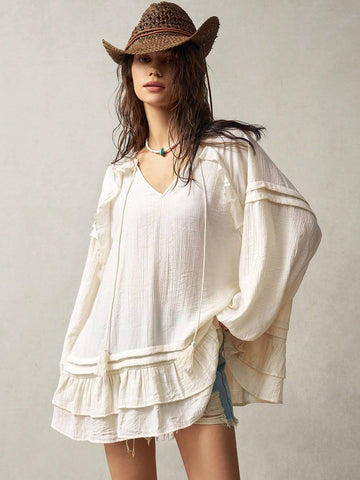 BohoFeels Vacation Loose Long Sleeve Shirt For Women, Featuring Flounce Trim