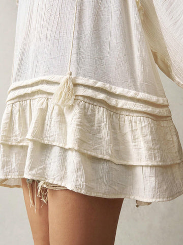 BohoFeels Vacation Loose Long Sleeve Shirt For Women, Featuring Flounce Trim