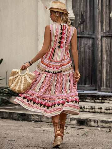 Vacation Style Geometric Printed Notched Neck Dress With Ruffled Hem For Summer