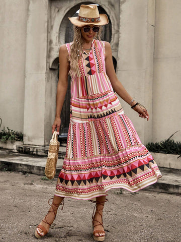 Vacation Style Geometric Printed Notched Neck Dress With Ruffled Hem For Summer