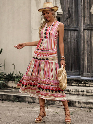 Vacation Style Geometric Printed Notched Neck Dress With Ruffled Hem For Summer