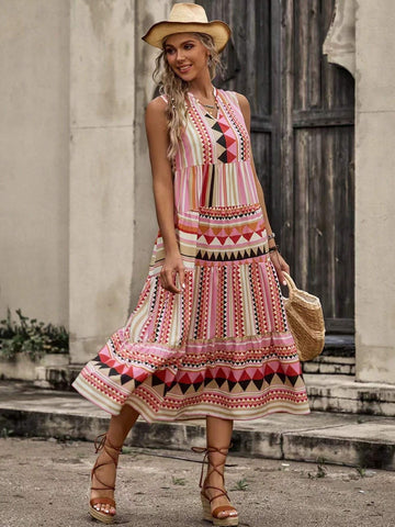 Vacation Style Geometric Printed Notched Neck Dress With Ruffled Hem For Summer