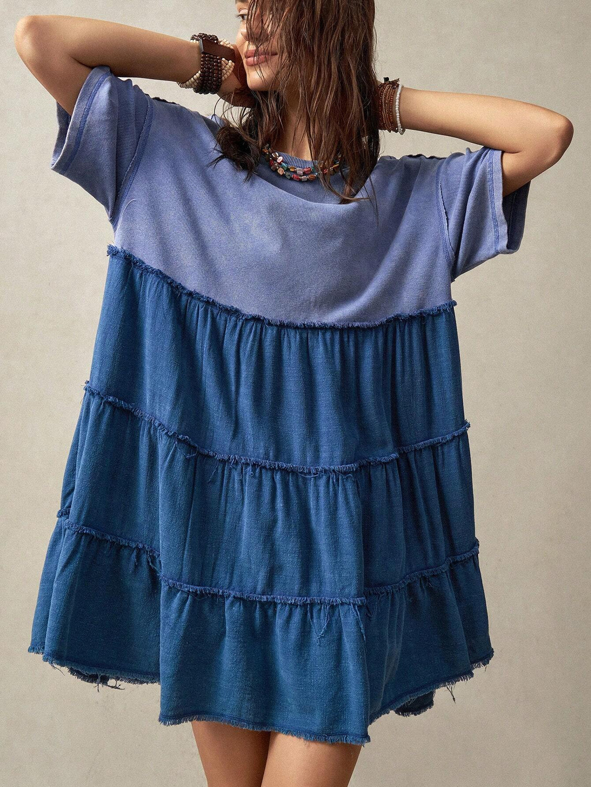 Vacation Style Women's Round Neck Short Sleeve Dress With Ruffle Hem For Summer