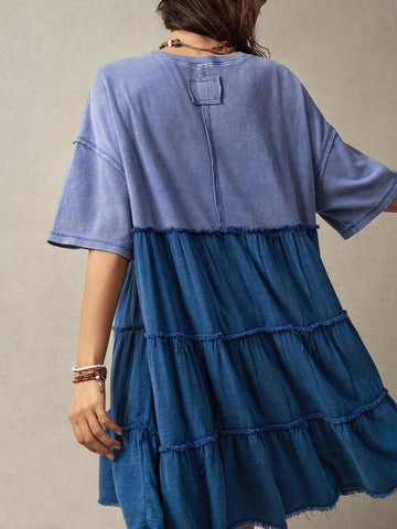 Vacation Style Women's Round Neck Short Sleeve Dress With Ruffle Hem For Summer