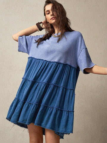 Vacation Style Women's Round Neck Short Sleeve Dress With Ruffle Hem For Summer