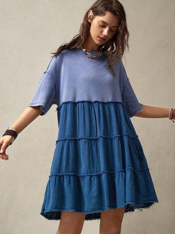 Vacation Style Women's Round Neck Short Sleeve Dress With Ruffle Hem For Summer