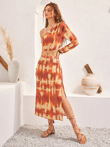 Vacation Tie-Dye One-Shoulder Crop Top And Skirt Two-Piece Set