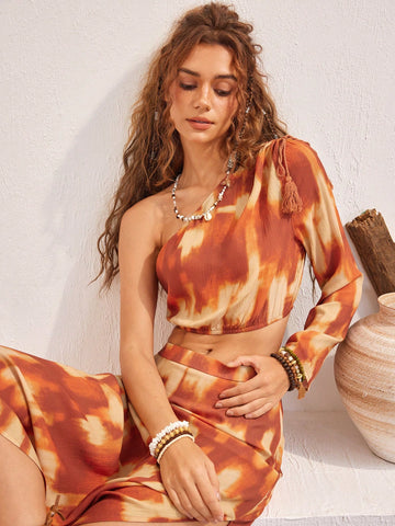 Vacation Tie-Dye One-Shoulder Crop Top And Skirt Two-Piece Set