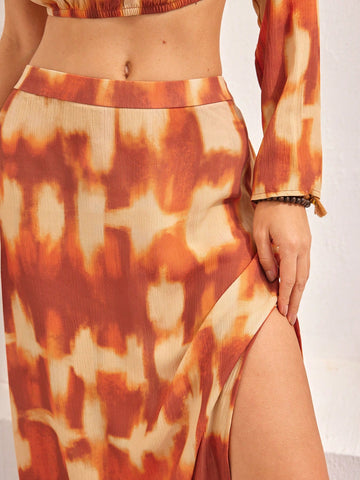 Vacation Tie-Dye One-Shoulder Crop Top And Skirt Two-Piece Set