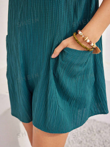 Vacation V Neck Pocket Side Stripe Sleeveless Romper Shorts